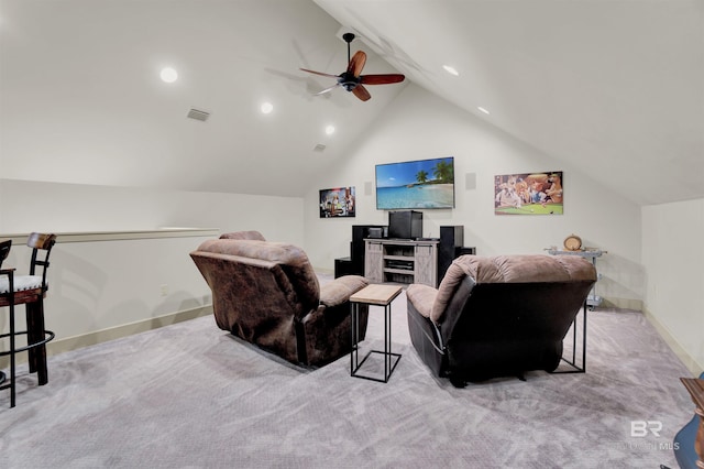 917 Rockaway Creek Rd, Atmore, AL 36502 - living room featuring carpet, visible vents, ceiling fan, and vaulted ceiling