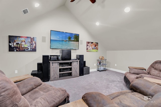 917 Rockaway Creek Rd, Atmore, AL 36502 - living room with lofted ceiling, baseboards, recessed lighting, carpet, and a ceiling fan