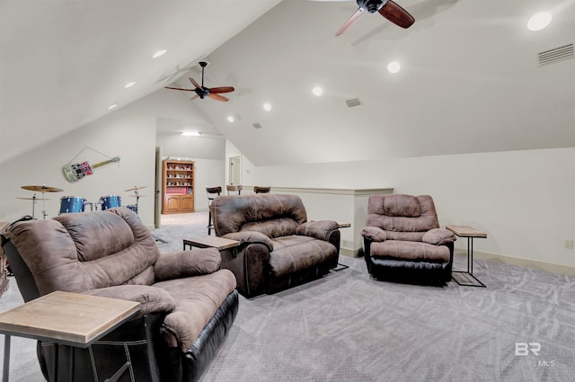 917 Rockaway Creek Rd, Atmore, AL 36502 - interior space with visible vents, a ceiling fan, light colored carpet, and vaulted ceiling