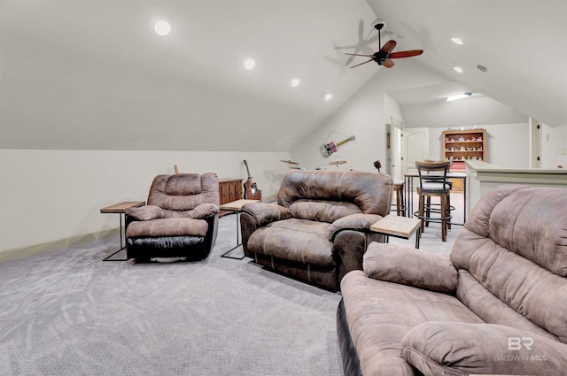 917 Rockaway Creek Rd, Atmore, AL 36502 - carpeted living area with visible vents, recessed lighting, a ceiling fan, and lofted ceiling