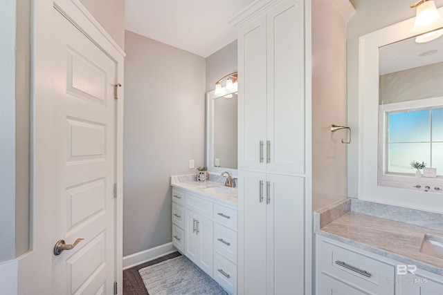 bathroom with vanity and wood-type flooring