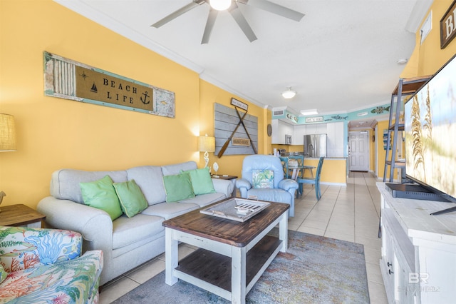 26750 Perdido Beach Blvd Unit 708, Orange Beach, AL 36561 - living room featuring ornamental molding, light tile patterned floors, and ceiling fan