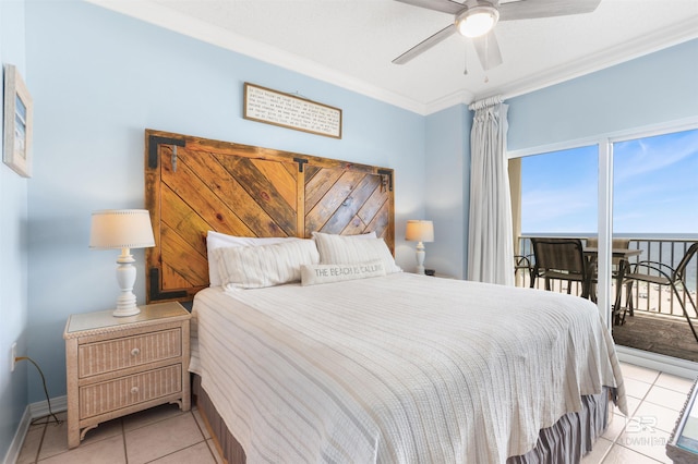 26750 Perdido Beach Blvd Unit 708, Orange Beach, AL 36561 - bedroom with tile patterned floors, access to exterior, ornamental molding, and a ceiling fan