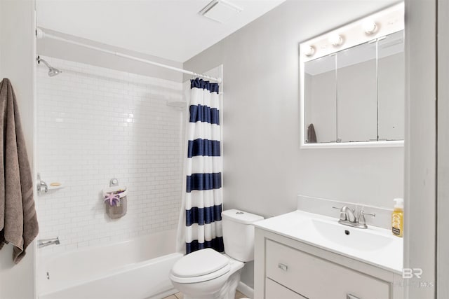 bathroom with vanity, shower / bathtub combination with curtain, visible vents, and toilet