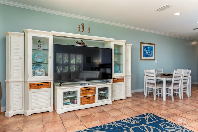 tiled living room with ornamental molding