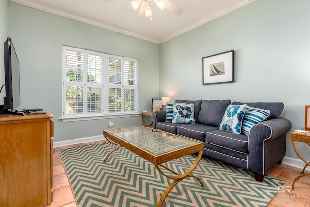 living room with crown molding, tile flooring, and ceiling fan