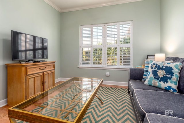 living room with crown molding