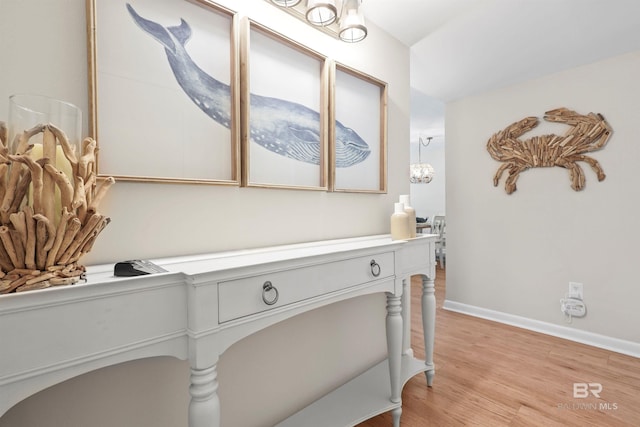 details featuring baseboards, an inviting chandelier, and wood finished floors