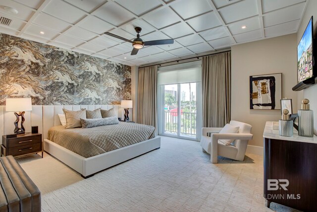 27269 Perdido Beach Blvd Unit C5A, Orange Beach, AL 36561 - bedroom with wallpapered walls, access to outside, carpet, recessed lighting, and ceiling fan