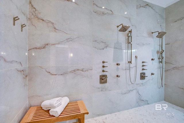 27269 Perdido Beach Blvd Unit C5A, Orange Beach, AL 36561 - bathroom featuring a marble finish shower and ornamental molding