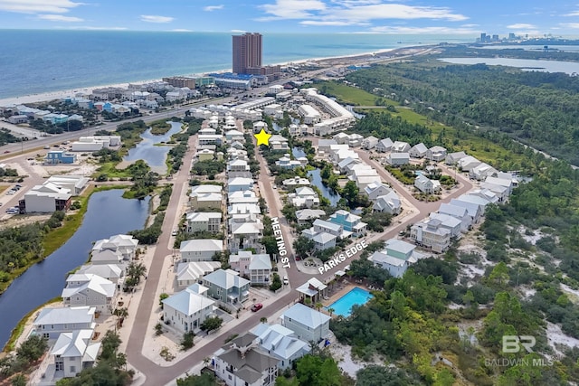 drone / aerial view featuring a water view