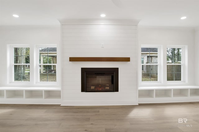 room details featuring recessed lighting, a large fireplace, and wood finished floors