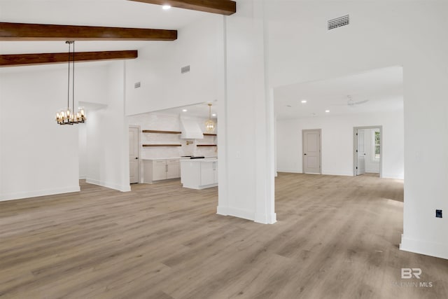 unfurnished living room featuring high vaulted ceiling, beam ceiling, visible vents, and ceiling fan with notable chandelier