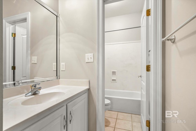 full bathroom featuring tile patterned flooring, toilet, shower / washtub combination, and vanity