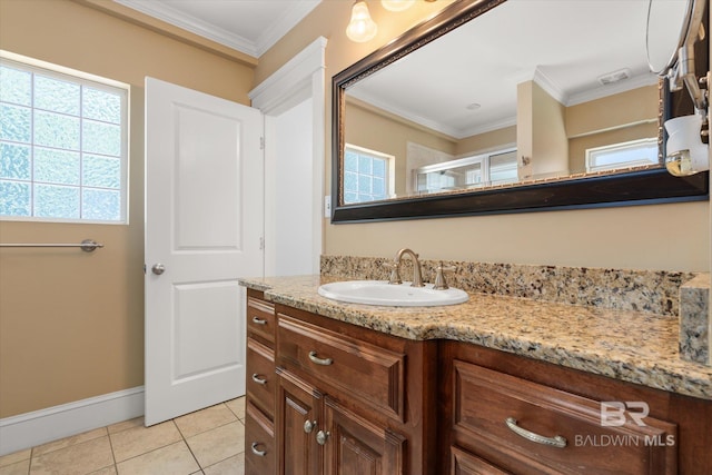 24 Macy Pl, Mobile, AL 36604 - full bath featuring vanity, tile patterned floors, ornamental molding, baseboards, and a shower with door