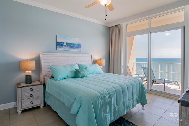 bedroom featuring a water view, ceiling fan, tile patterned flooring, access to outside, and ornamental molding