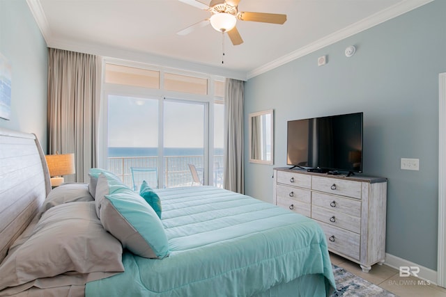 bedroom featuring ceiling fan, crown molding, and light tile patterned floors