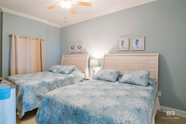 bedroom featuring ornamental molding, light tile patterned floors, and ceiling fan