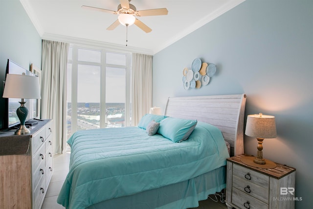 tiled bedroom featuring ceiling fan and ornamental molding