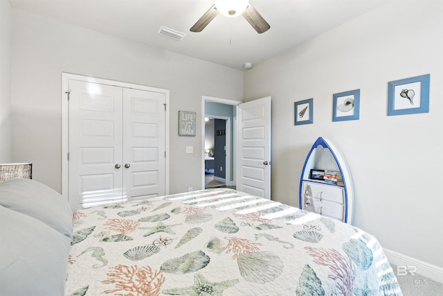 bedroom featuring ceiling fan and a closet