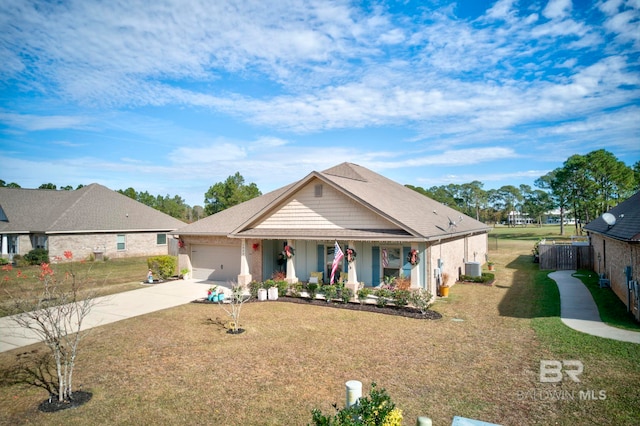 view of front facade featuring central AC, a garage, covered porch, and a front yard