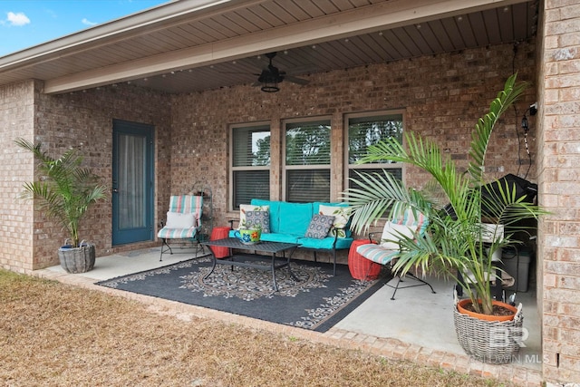 view of patio featuring an outdoor hangout area and ceiling fan