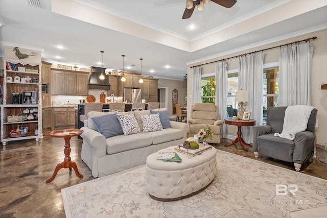 4331 Hamilton Oaks Ln, Mobile, AL 36695 - living area featuring crown molding, a ceiling fan, and recessed lighting