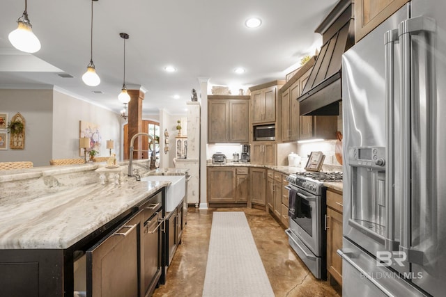 4331 Hamilton Oaks Ln, Mobile, AL 36695 - kitchen with stainless steel appliances, ornamental molding, a sink, light stone countertops, and recessed lighting