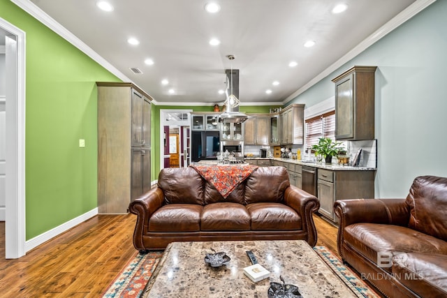 living room with sink, ornamental molding, and dark wood-type flooring