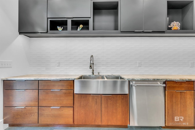 kitchen with backsplash, stainless steel dishwasher, light stone countertops, and sink