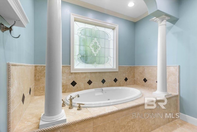 6505 Charing Wood Dr, Mobile, AL 36695 - bathroom with decorative columns, a jetted tub, and crown molding