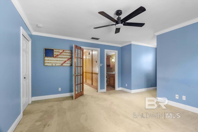 6505 Charing Wood Dr, Mobile, AL 36695 - unfurnished bedroom with ornamental molding, carpet flooring, ceiling fan, and connected bathroom