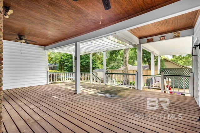 6505 Charing Wood Dr, Mobile, AL 36695 - wooden deck featuring a storage shed and a ceiling fan