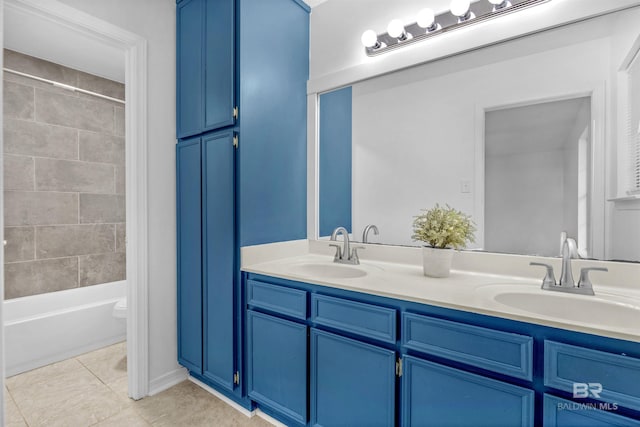 full bathroom featuring tile patterned floors, vanity, toilet, and tiled shower / bath