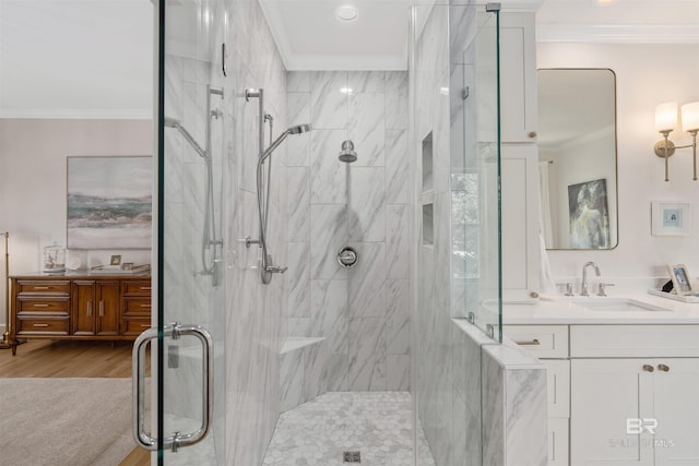 full bath with crown molding and a stall shower