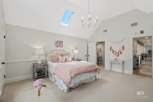 bedroom with a skylight, visible vents, high vaulted ceiling, and carpet flooring