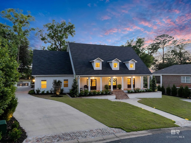 cape cod home with concrete driveway, a yard, board and batten siding, and covered porch