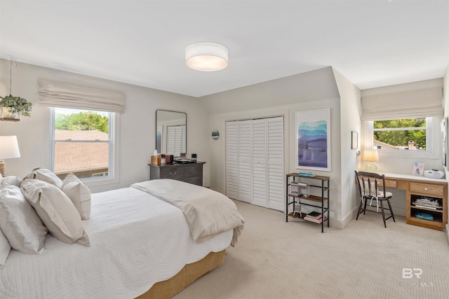 bedroom with carpet floors, a closet, baseboards, and multiple windows