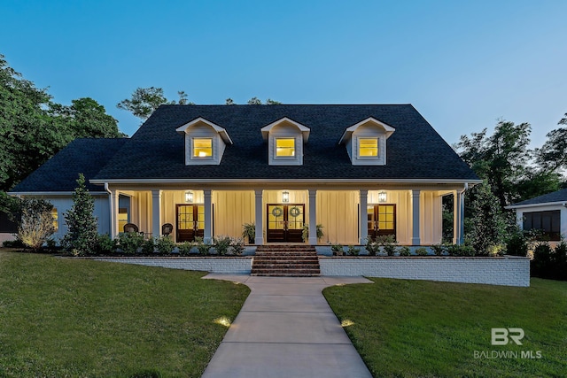 cape cod-style house featuring board and batten siding, french doors, and a front yard