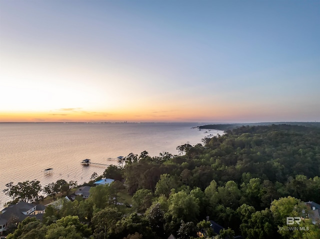 aerial view at dusk featuring a water view