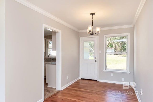 doorway to outside featuring a chandelier, a sink, wood finished floors, baseboards, and ornamental molding