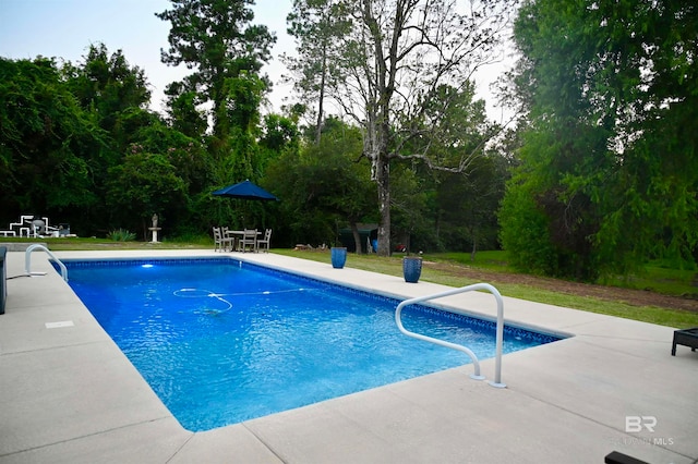 view of swimming pool featuring a patio area and a yard