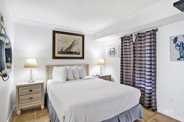 bedroom with ornamental molding, light tile patterned flooring, and baseboards