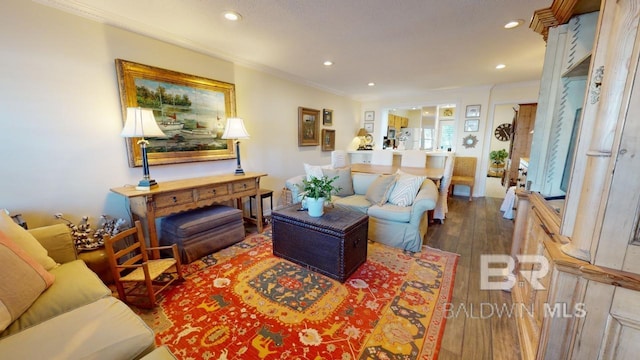 living room with wood-type flooring and ornamental molding