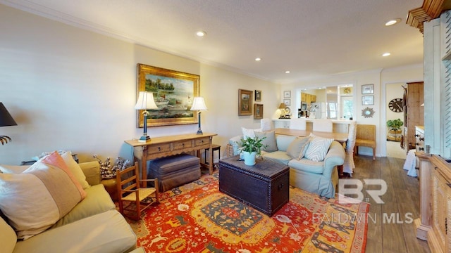 living room with hardwood / wood-style floors and crown molding