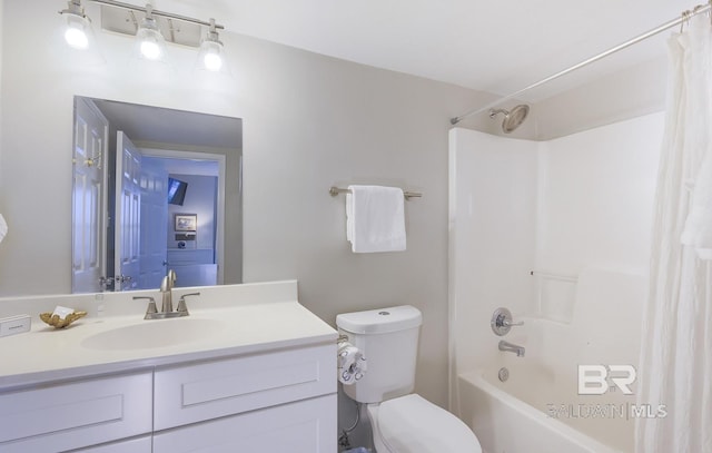 full bath featuring vanity, shower / bath combination with curtain, and toilet