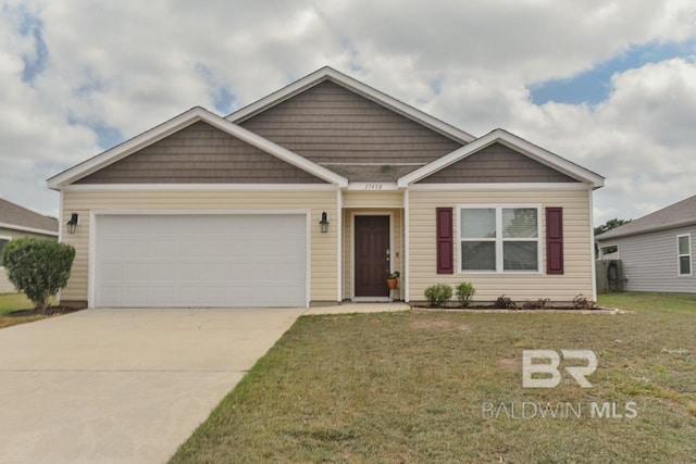 view of front facade featuring concrete driveway, a garage, and a front yard