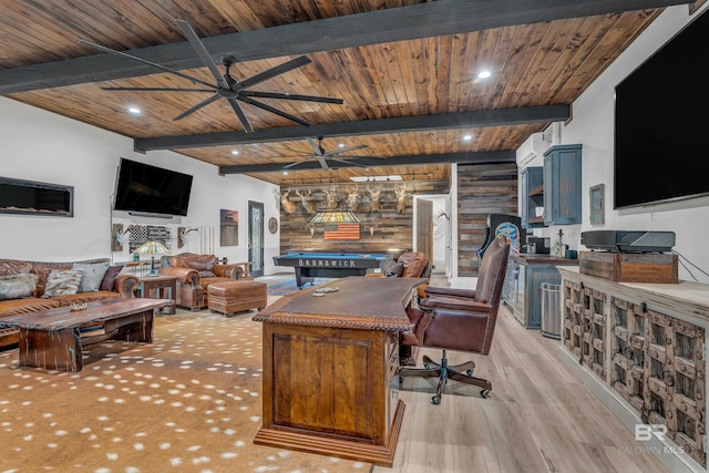 home office with beam ceiling, wood ceiling, pool table, and light wood-type flooring