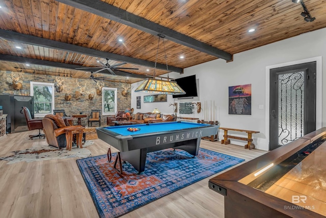 playroom featuring billiards, wood ceiling, light hardwood / wood-style flooring, beamed ceiling, and ceiling fan