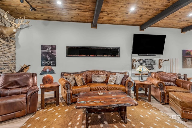 living room with wood ceiling and beamed ceiling